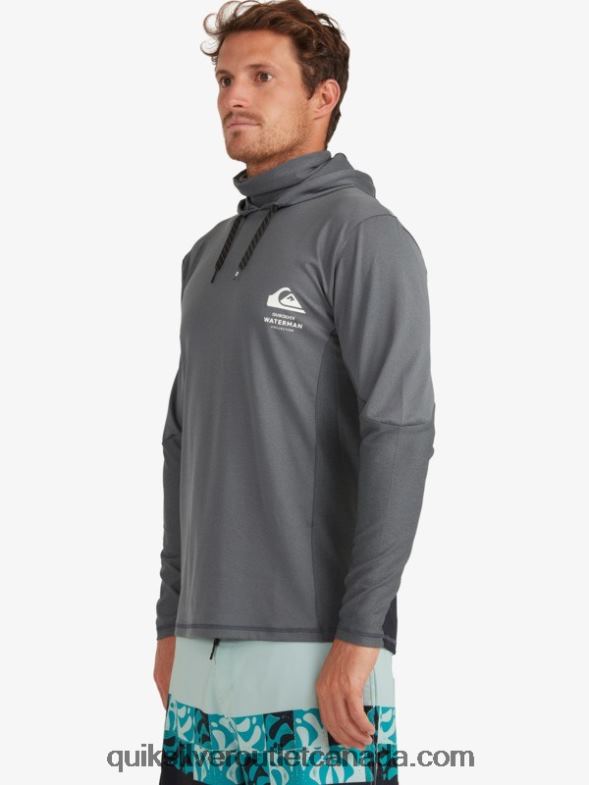 CA Quiksilver Men Waterman Angler Hooded Long Sleeve UPF 50 Surf T-Shirt dark shadow TX4R21848