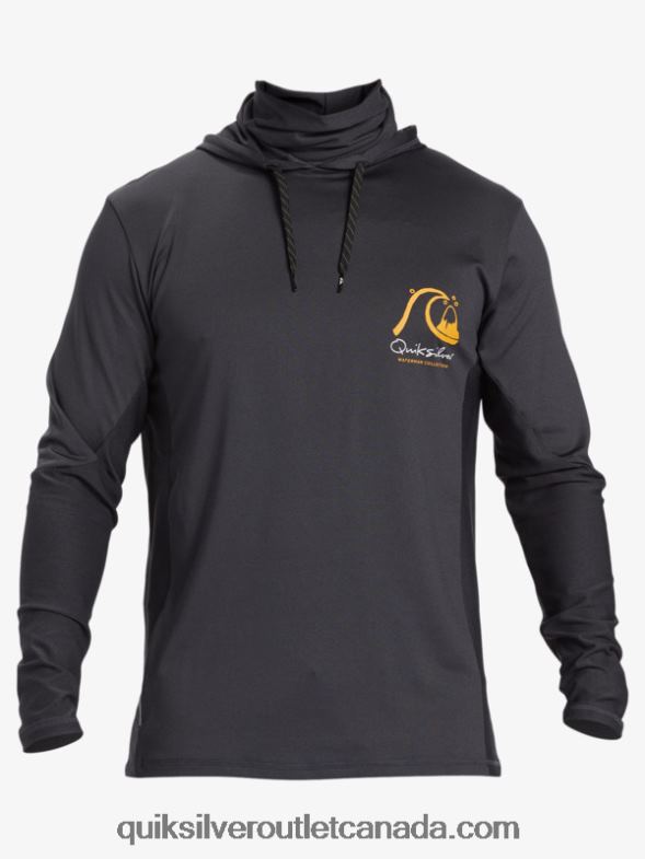 CA Quiksilver Men Waterman Angler Hooded UPF 50 Long Sleeve Surf Tee black TX4R2830