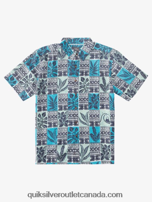 CA Quiksilver Men Waterman Leaf Boxes Hawaiian Shirt blue turquoise leaf boxes TX4R2915